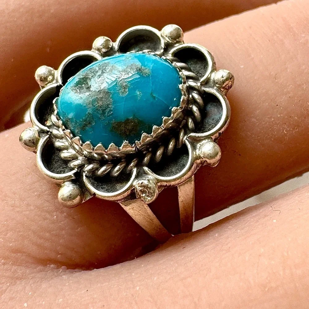 Navajo Flower Ring Turquoise Sz 7 Sterling Silver Signed Morgan Native Amer